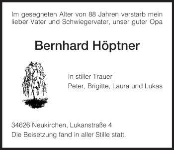 Todesanzeige von Bernhard Höptner von HNA