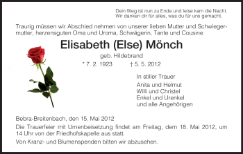 Todesanzeige von Elisabeth Mönch von HNA