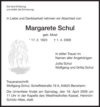 Todesanzeige von Margarete Schul von HNA