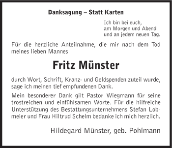 Todesanzeige von Fritz Münster von HNA