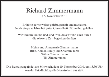 Todesanzeige von Richard Zimmermann von HNA