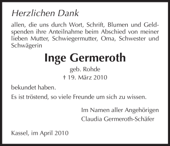 Todesanzeige von Inge Germeroth von HNA