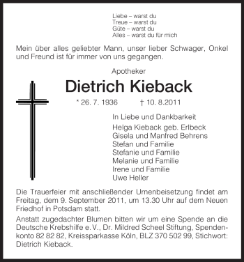 Todesanzeige von Dietrich Kieback von HNA