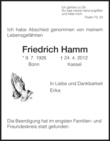 Todesanzeige von Friedrich Hamm von HNA