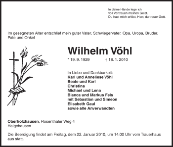 Todesanzeige von Wilhelm Vöhl von HNA