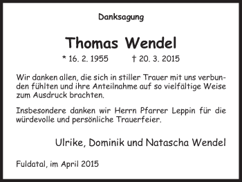 Todesanzeige von Thomas Wendel von HNA