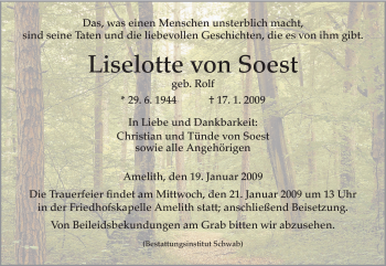 Todesanzeige von Liselotte Soest von HNA