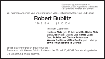 Todesanzeige von Robert Bublitz von HNA
