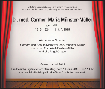 Todesanzeige von Carmen Maria mÜNSTER-mÜLLER von HNA