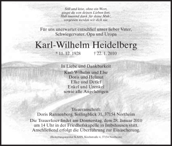 Todesanzeige von Karl-Wilhelm Heidelberg von HNA