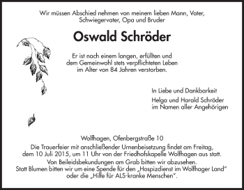 Todesanzeige von Oswald Schröder von HNA
