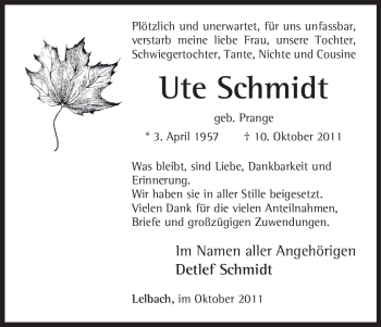 Todesanzeige von Ute Schmidt von HNA