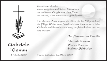Todesanzeige von Gabriele Klemm von HNA