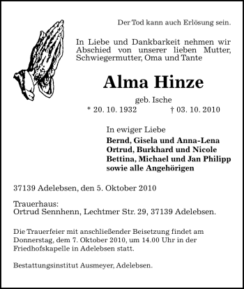 Todesanzeige von Alma Hinze von HNA