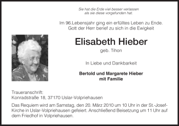 Todesanzeige von Elisabeth Hieber von HNA