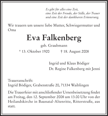 Todesanzeige von Eva Falkenberg von HNA