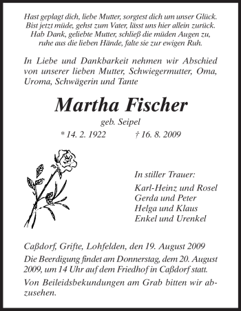 Todesanzeige von Martha Fischer von HNA