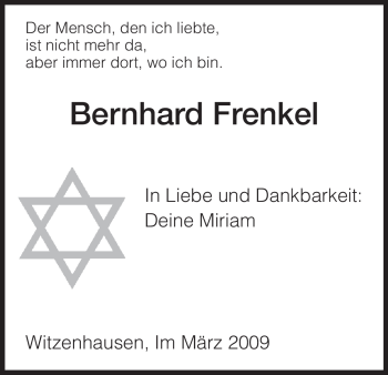 Todesanzeige von Bernhard Frenkel von HNA