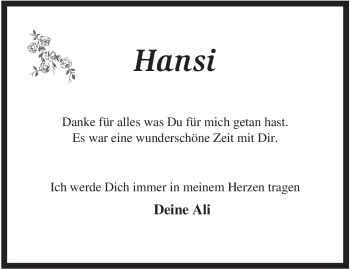 Todesanzeige von Hansi Unbekannt von HNA