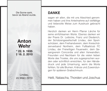 Todesanzeige von Anton Wehr von HNA