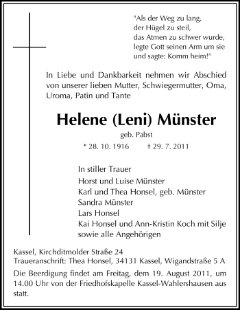 Todesanzeige von Helene Münster von HNA