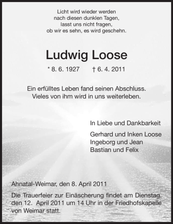Todesanzeige von Ludwig Loose von HNA