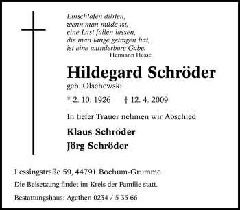 Todesanzeige von Hildegard Schröder von HNA