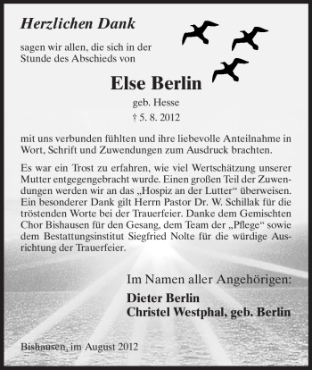 Todesanzeige von Else Berlin von HNA