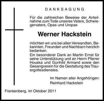 Todesanzeige von Werner Hackstein von HNA