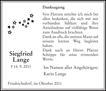 Todesanzeige von Siegfried Lange von HNA