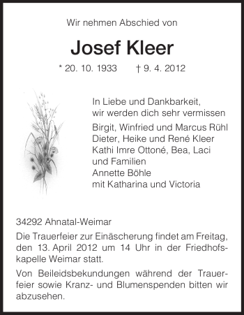 Todesanzeige von Josef Kleer von HNA