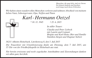 Todesanzeige von Karl-Hermann Oetzel von HNA