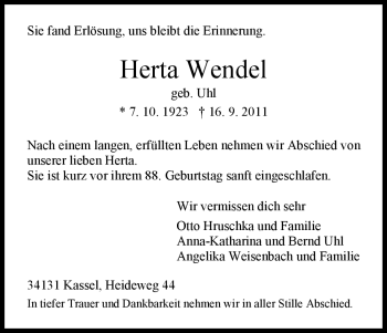 Todesanzeige von Herta Wendel von HNA
