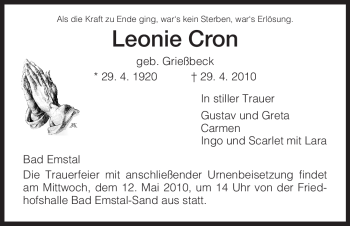 Todesanzeige von Leonie Cron von HNA