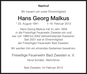 Todesanzeige von Hans Georg Malkus von HNA