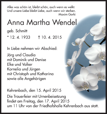 Todesanzeige von Anna Martha Wendel von HNA