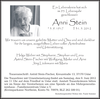 Todesanzeige von Anni Stein von HNA