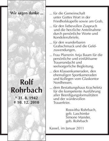 Todesanzeige von Rolf Rohrbach von HNA