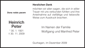 Todesanzeige von Heinrich Peter von HNA