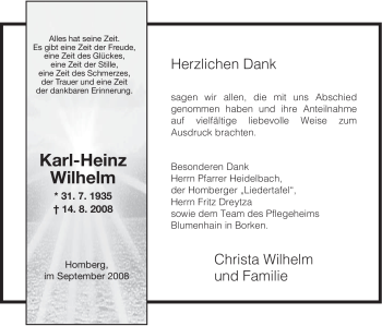 Todesanzeige von Karl-Heinz Wilhelm von HNA