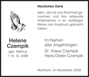 Todesanzeige von Helene Czempik von HNA