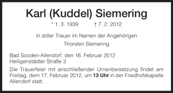 Todesanzeige von Karl Siemering von HNA