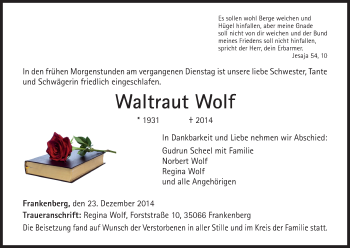 Todesanzeige von Waltraut Wolf von HNA
