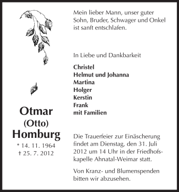 Todesanzeige von Otmar Homburg von HNA