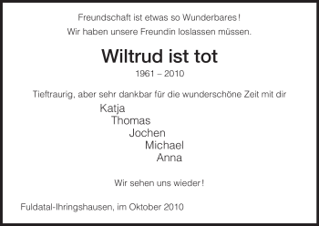 Todesanzeige von Wiltrud Unbekannt von HNA