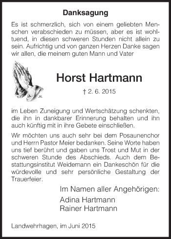 Todesanzeige von Horst Hartmann von HNA