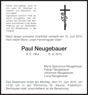 Todesanzeige von Paul Neugebauer von HNA