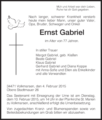 Todesanzeige von Ernst Gabriel von HNA