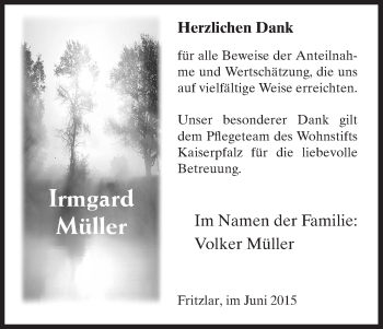 Todesanzeige von Irmgard Müller von HNA