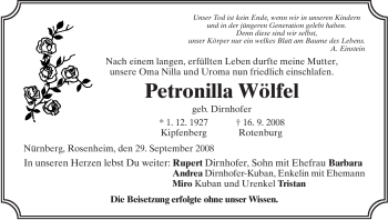 Todesanzeige von Petronilla Wölfel von HNA